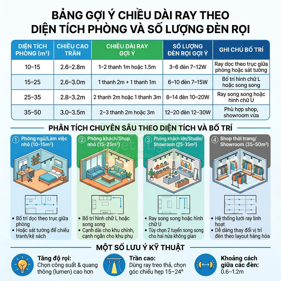 Bảng gợi ý chiều dài ray đèn rọi và số lượng đèn theo diện tích phòng, kèm minh họa bố trí cho từng không gian
