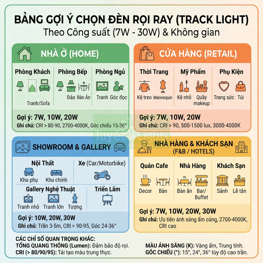 Bảng gợi ý chọn đèn rọi ray theo công suất và không gian cho nhà ở, cửa hàng, showroom, nhà hàng khách sạn