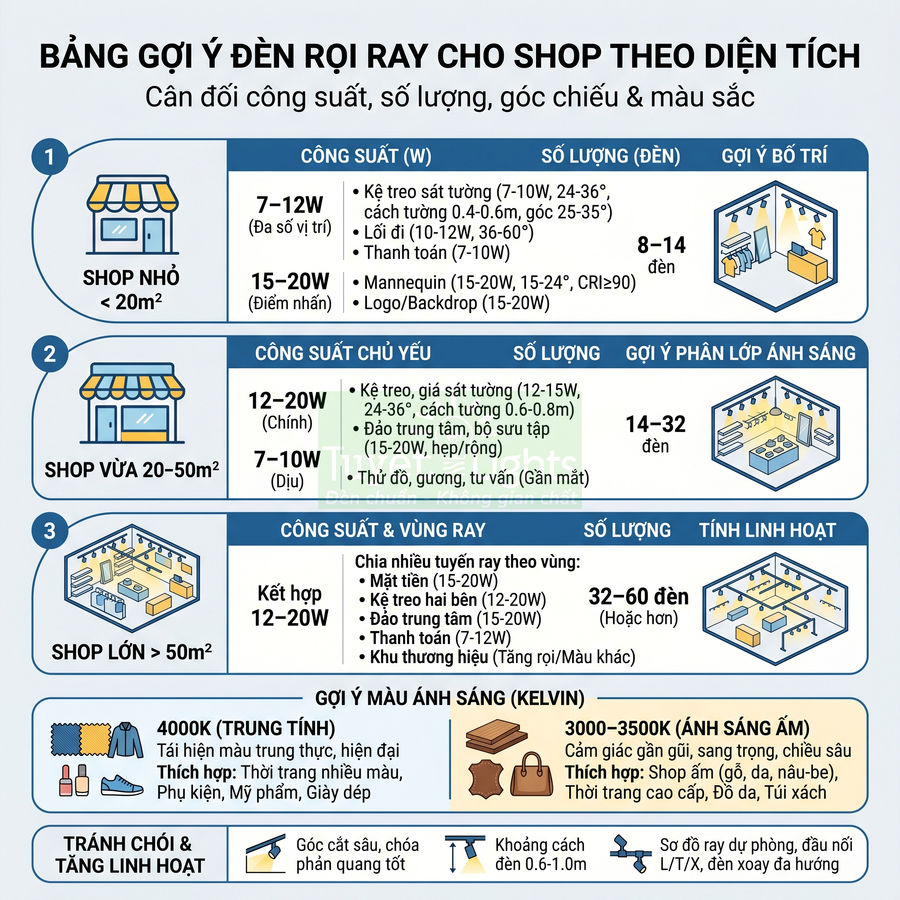 Bảng gợi ý chọn đèn rọi ray cho shop theo diện tích, công suất, số lượng và màu ánh sáng