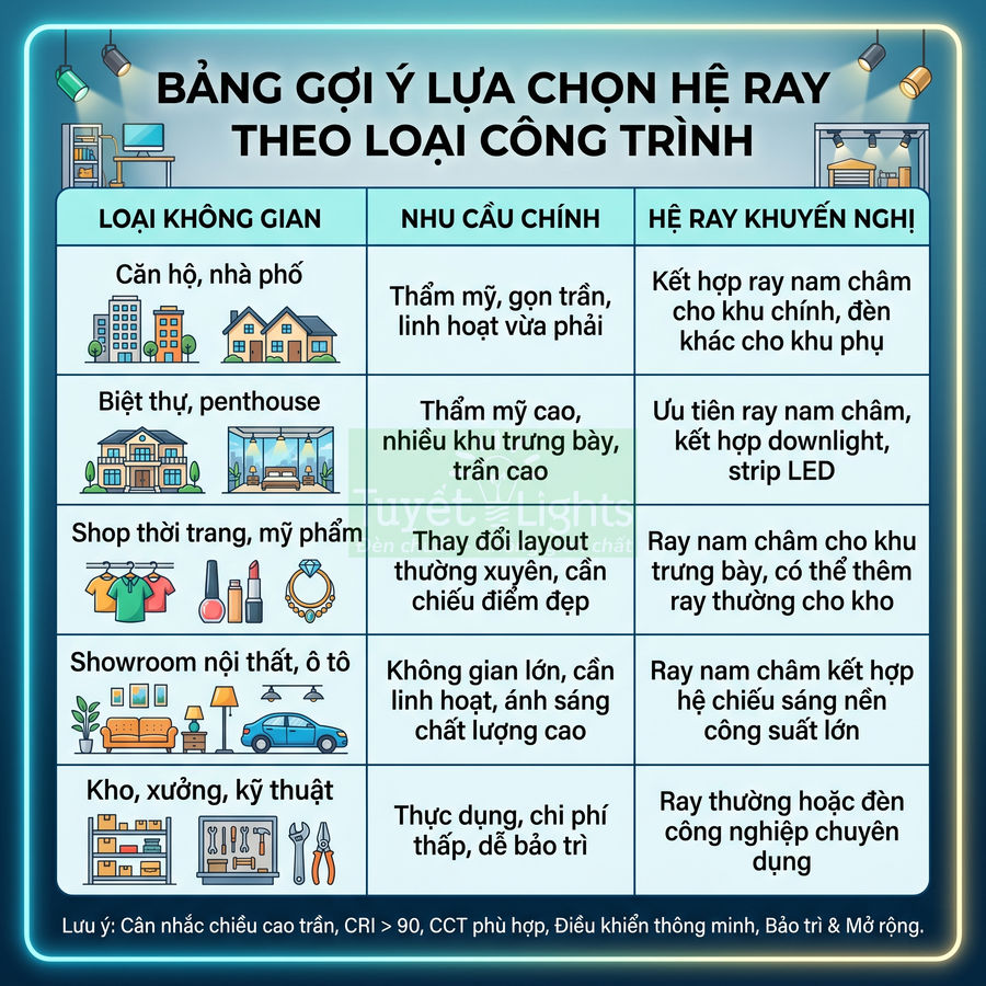 Bảng gợi ý lựa chọn hệ ray đèn chiếu sáng theo loại công trình và nhu cầu sử dụng khác nhau