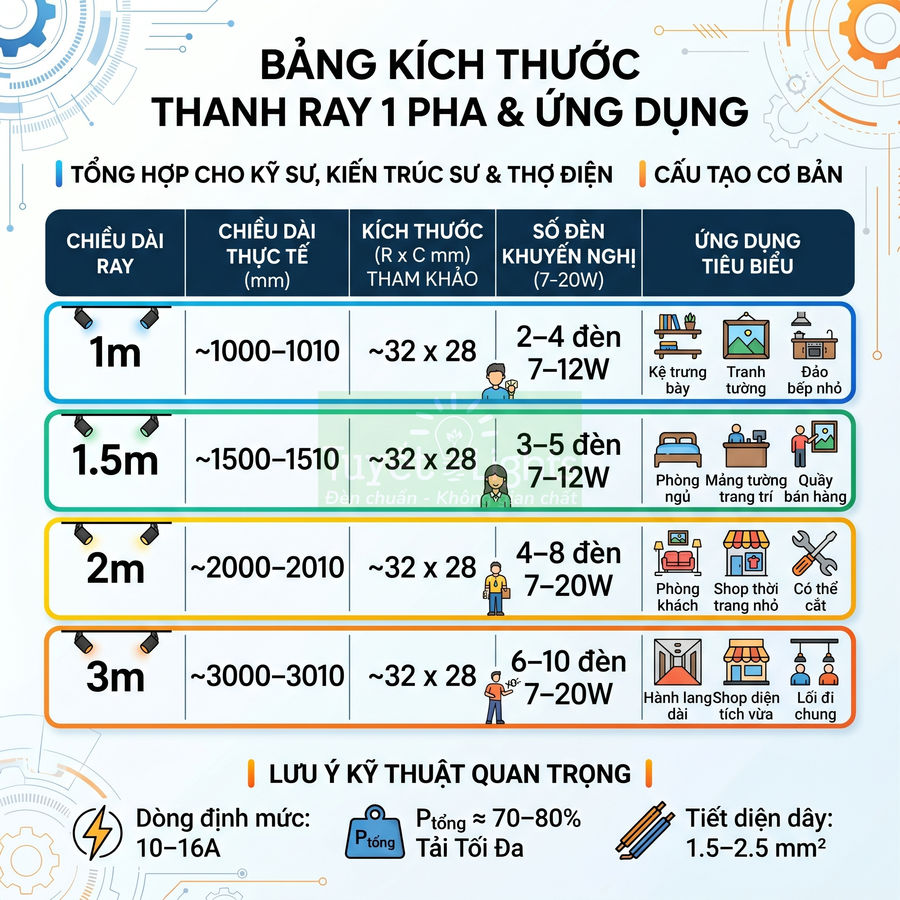 Bảng kích thước thanh ray đèn 1 pha và số lượng đèn khuyến nghị cho từng chiều dài ray