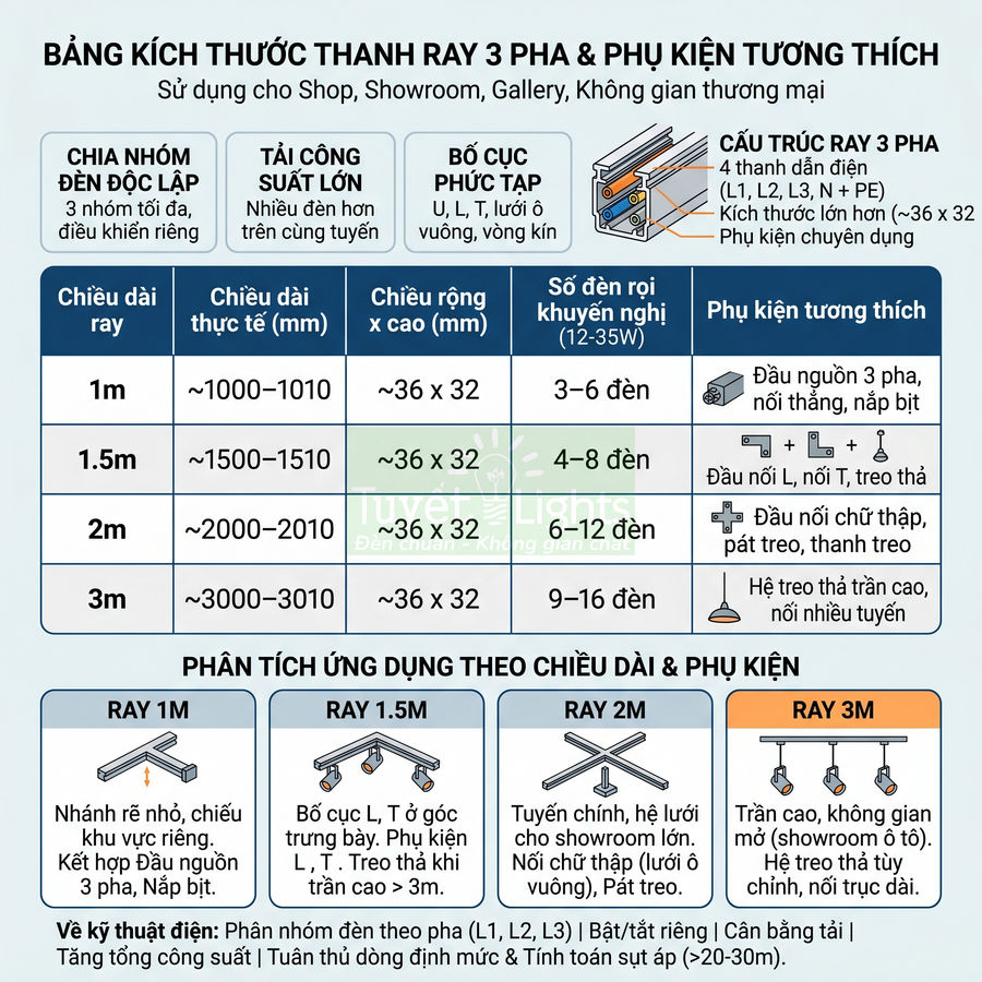Bảng kích thước thanh ray đèn 3 pha và phụ kiện lắp đặt cho shop showroom không gian thương mại