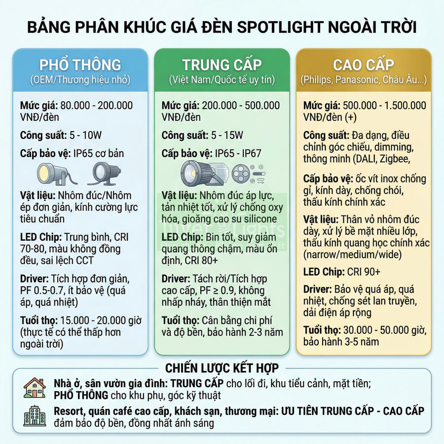 Bảng so sánh các phân khúc giá và chất lượng đèn spotlight ngoài trời phổ thông trung cấp cao cấp