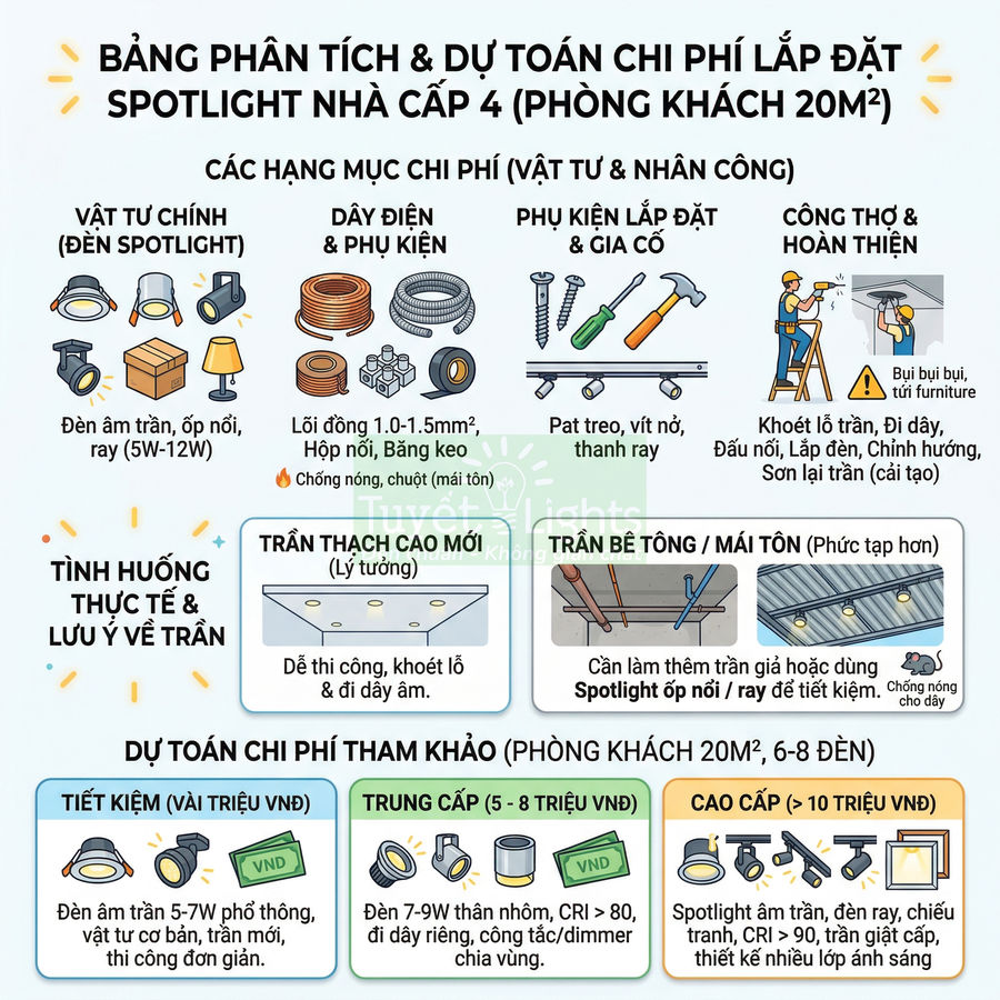 Bảng phân tích và dự toán chi phí lắp đặt đèn spotlight phòng khách 20m2 cho nhà cấp 4