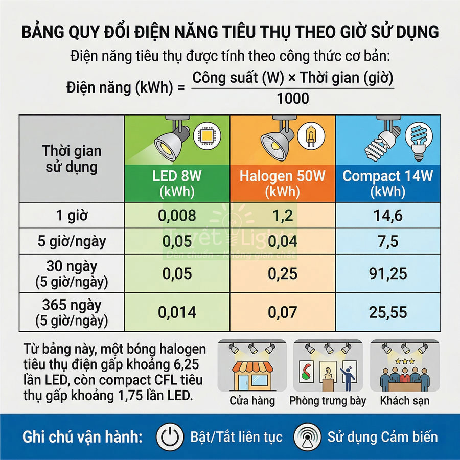 Bảng so sánh điện năng tiêu thụ bóng đèn LED 8W, halogen 50W và compact 14W theo thời gian sử dụng