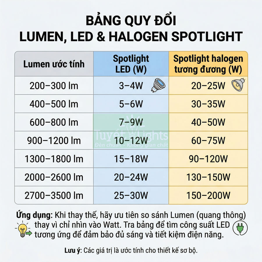 Bảng quy đổi công suất đèn spotlight LED và halogen theo dải lumen 200 đến 3500 lm