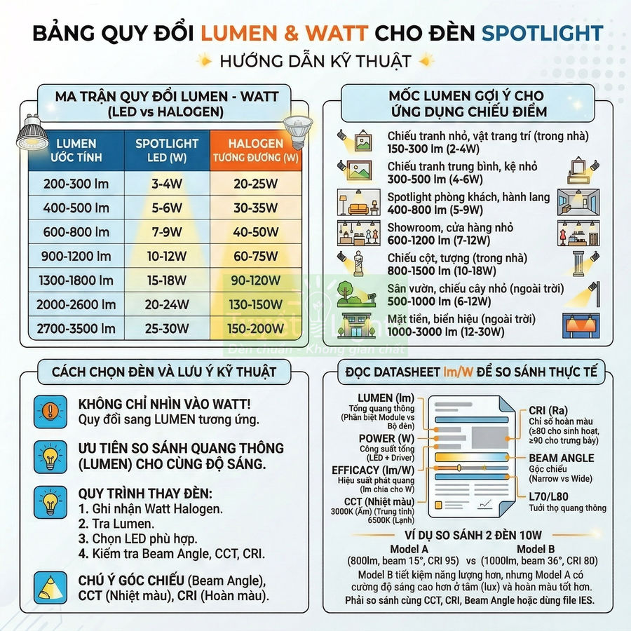 Bảng quy đổi lumen và watt cho đèn spotlight LED và halogen kèm hướng dẫn chọn công suất chiếu sáng
