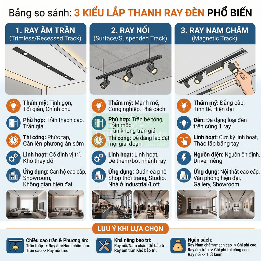 Bảng so sánh 3 kiểu lắp thanh ray đèn âm trần, ray nổi và ray nam châm cho trần nhà hiện đại