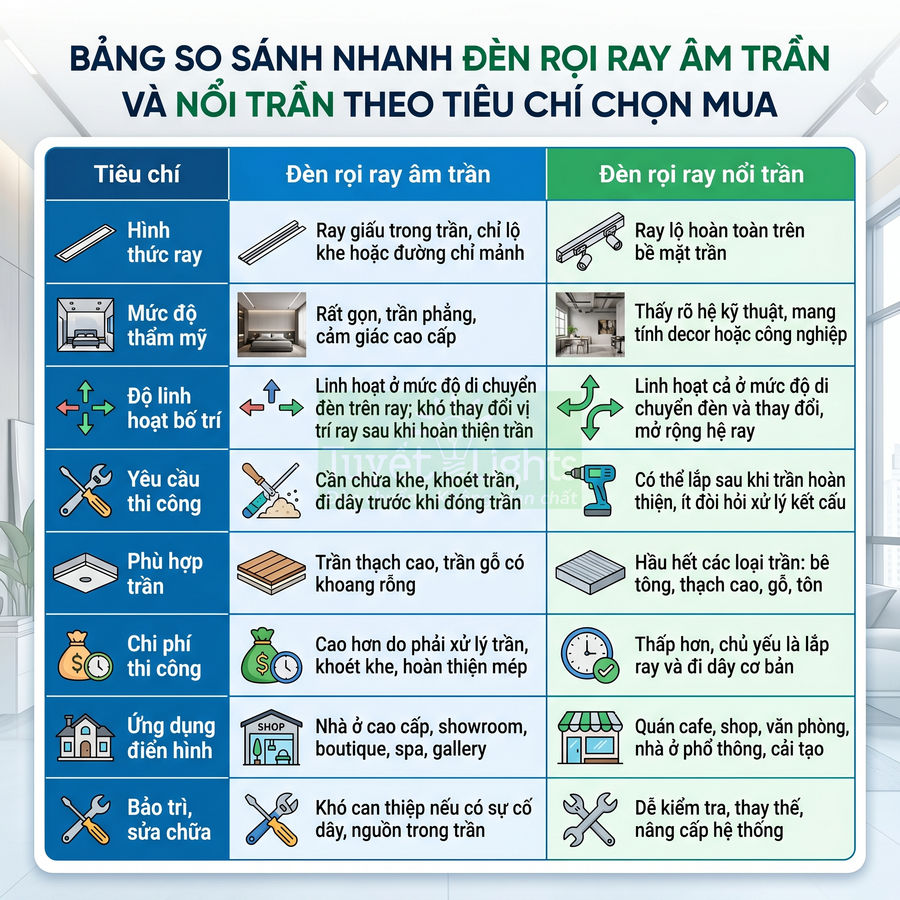 Bảng so sánh đèn rọi ray âm trần và đèn rọi ray nổi trần theo các tiêu chí lựa chọn mua