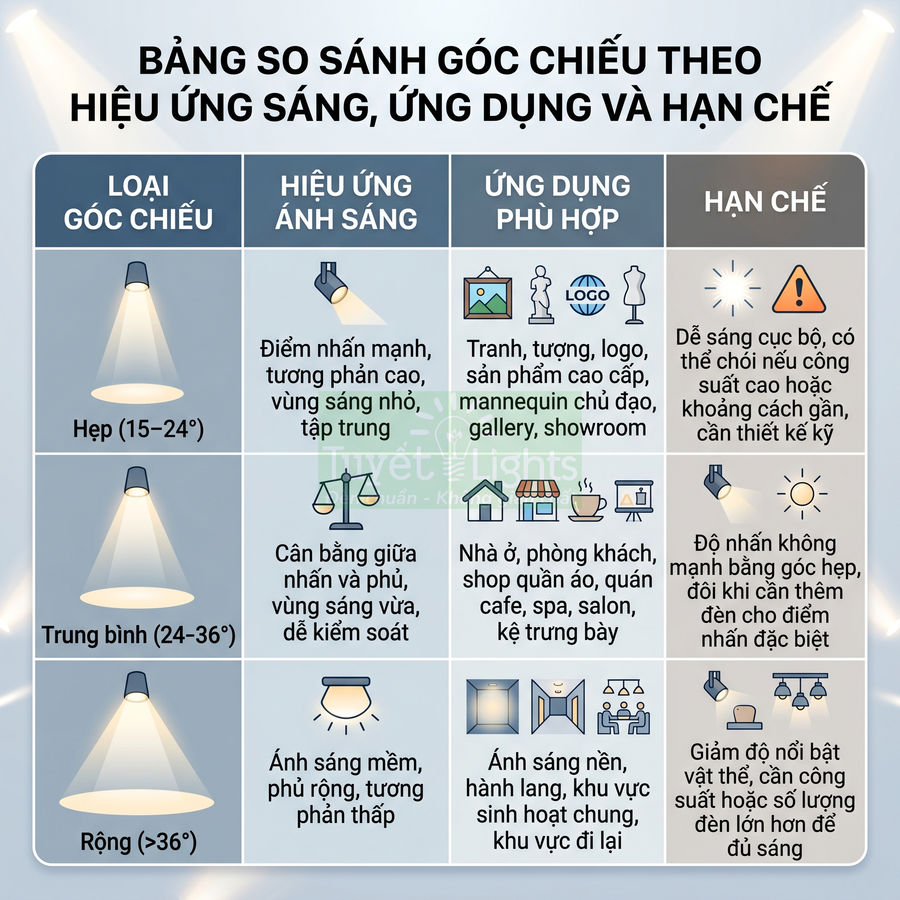 Bảng so sánh các loại góc chiếu đèn LED hẹp trung bình rộng theo hiệu ứng ánh sáng ứng dụng và hạn chế