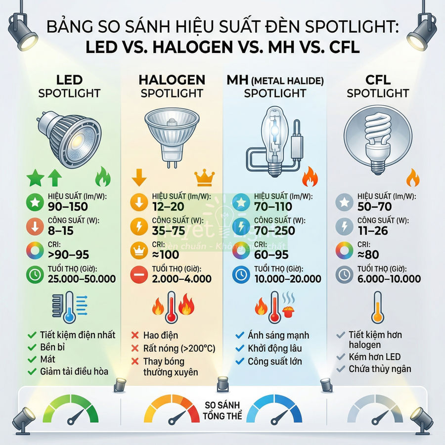 Bảng so sánh hiệu suất và tuổi thọ đèn spotlight LED, halogen, metal halide và compact CFL