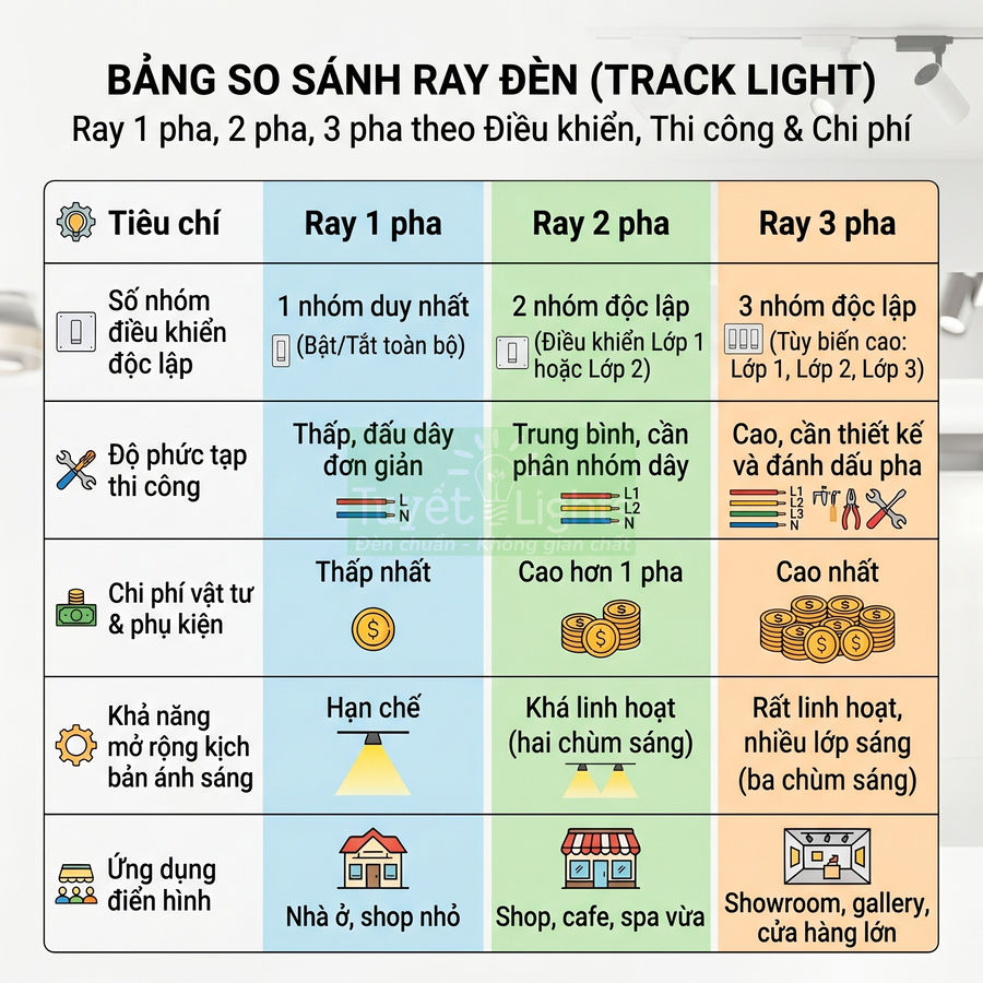 Bảng so sánh ray đèn track light 1 pha, 2 pha, 3 pha về điều khiển, thi công, chi phí và ứng dụng