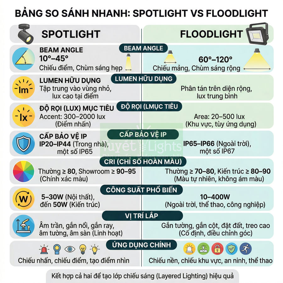 Bảng so sánh nhanh spotlight và floodlight về góc chiếu, lumen, độ rọi, cấp bảo vệ IP, CRI, công suất và ứng dụng