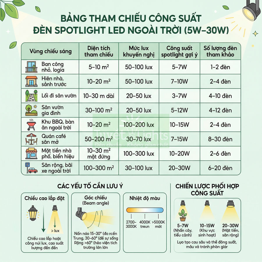 Bảng tham chiếu công suất đèn spotlight LED ngoài trời 5W đến 30W cho từng khu vực chiếu sáng