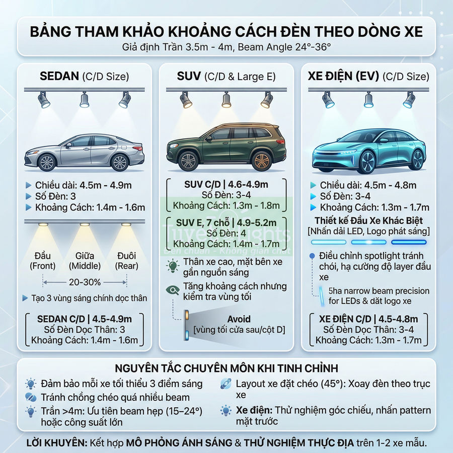 Bảng hướng dẫn bố trí đèn chiếu sáng cho sedan, SUV và xe điện trong showroom ô tô