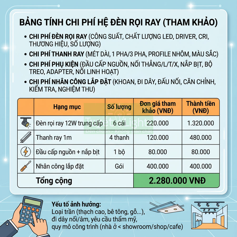 Bảng tính chi phí lắp đặt hệ đèn rọi ray 12W trung cấp và phụ kiện đi kèm tổng 2.280.000 VNĐ