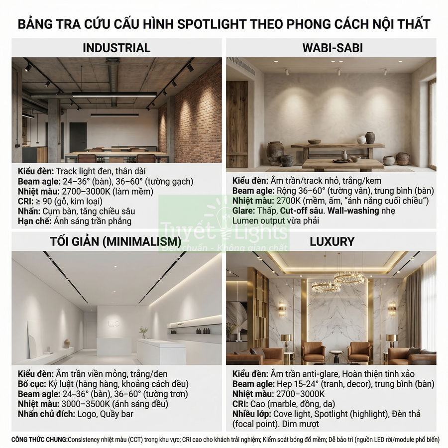 Bảng gợi ý cấu hình đèn spotlight Tuyết Lights cho các phong cách nội thất industrial, wabi sabi, tối giản, luxury