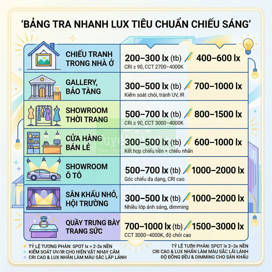 Bảng tra nhanh tiêu chuẩn độ rọi lux cho chiếu sáng nhà ở, showroom, cửa hàng, sân khấu và quầy trang sức