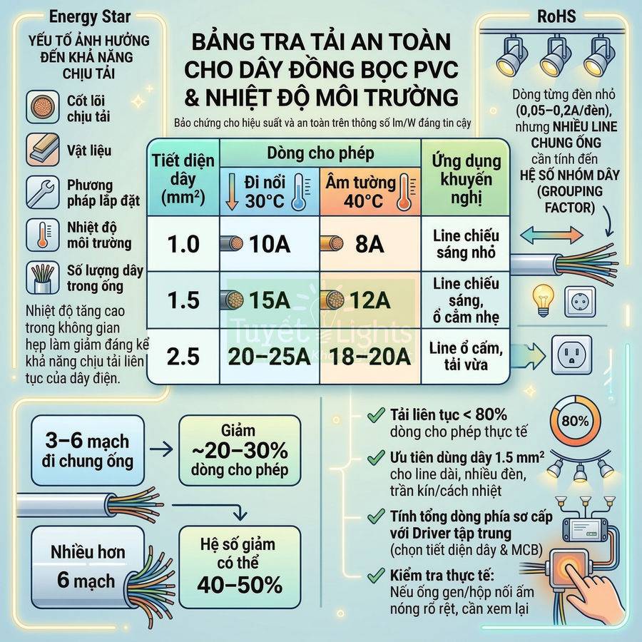 Bảng tra tải an toàn cho dây điện đồng bọc PVC theo tiết diện và nhiệt độ môi trường