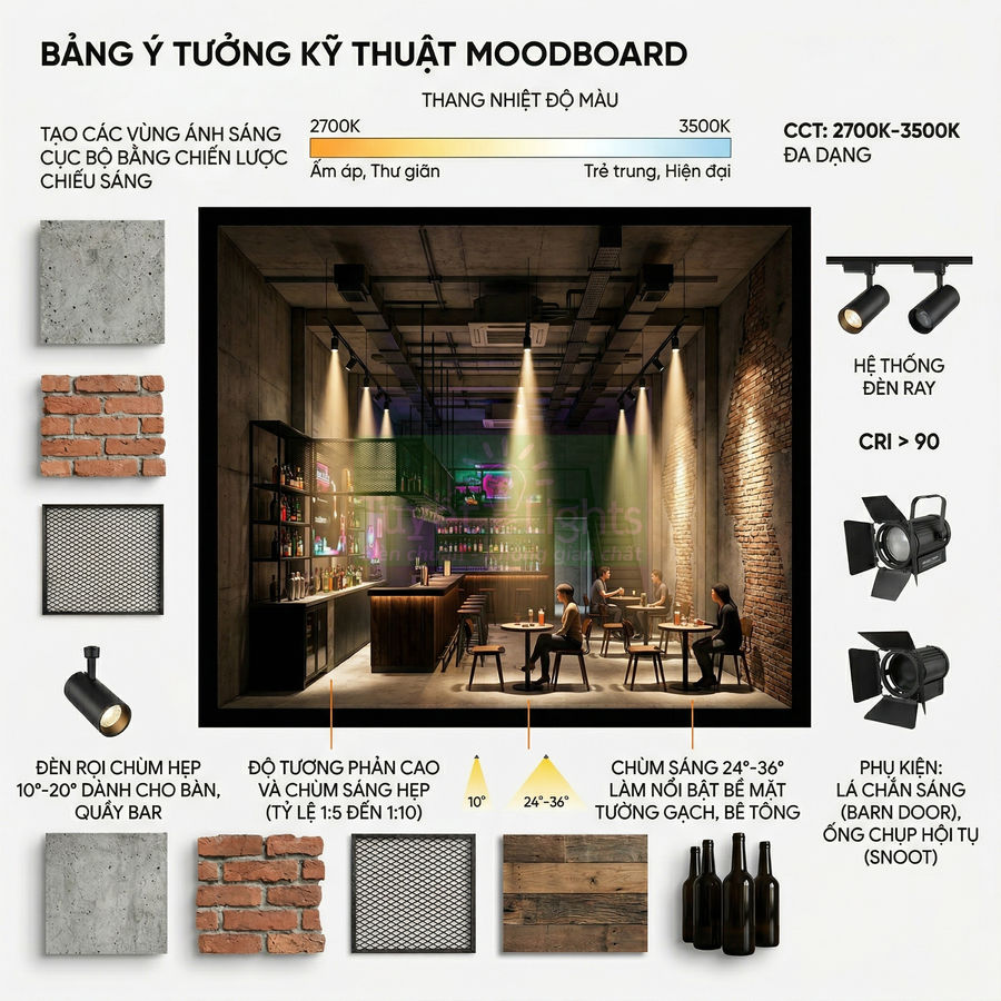 Moodboard thiết kế quán bar với hệ thống đèn rọi ray tạo vùng ánh sáng tập trung trên bàn và quầy bar