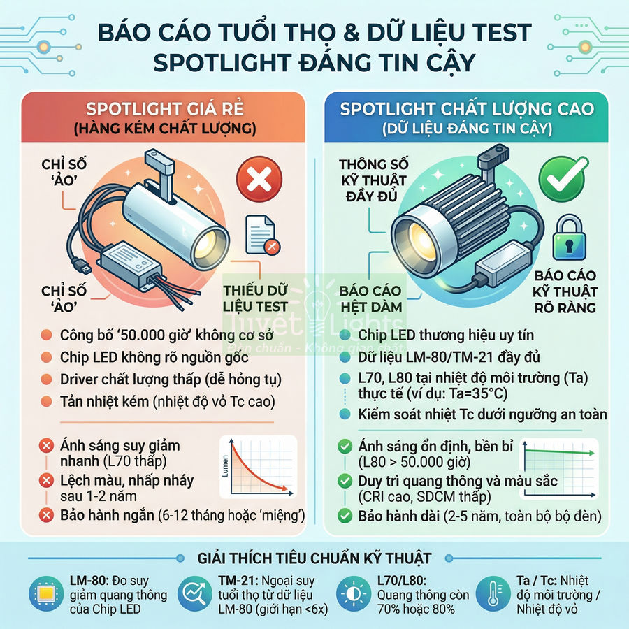 So sánh spotlight giá rẻ và spotlight chất lượng cao với dữ liệu test tuổi thọ và thông số kỹ thuật chi tiết