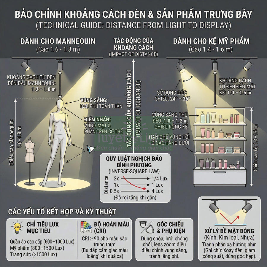 Hướng dẫn điều chỉnh khoảng cách đèn chiếu cho mannequin và kệ trưng bày mỹ phẩm trong cửa hàng
