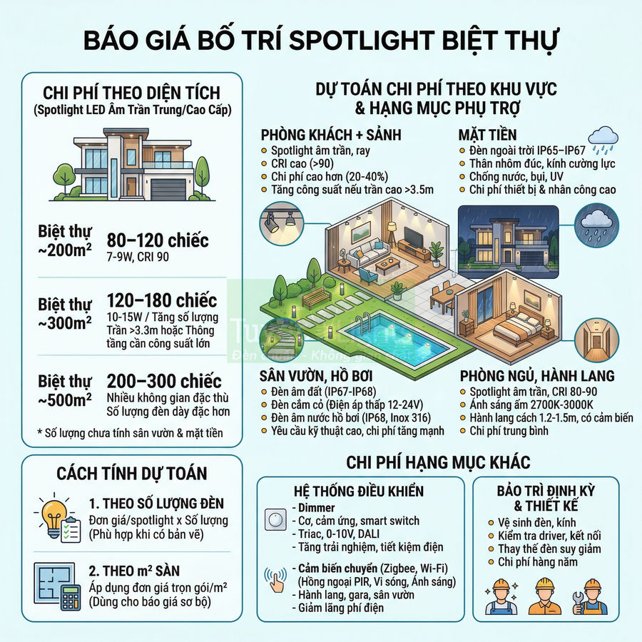 Infographic báo giá bố trí đèn spotlight LED âm trần cho biệt thự theo diện tích và từng khu vực sử dụng