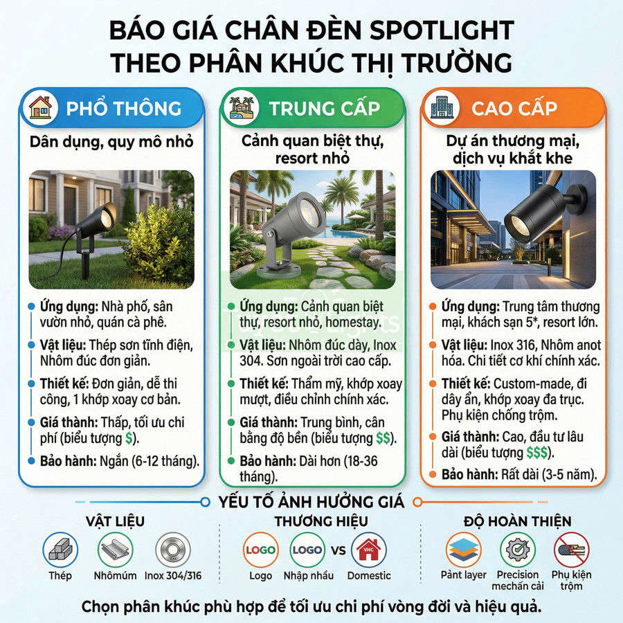 Bảng so sánh giá chân đèn spotlight ngoài trời phổ thông, trung cấp và cao cấp theo vật liệu và thiết kế