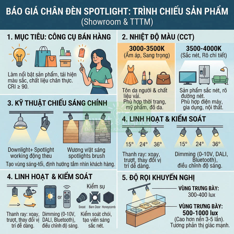 Infographic hướng dẫn chọn đèn spotlight chiếu sáng sản phẩm cho showroom và trung tâm thương mại