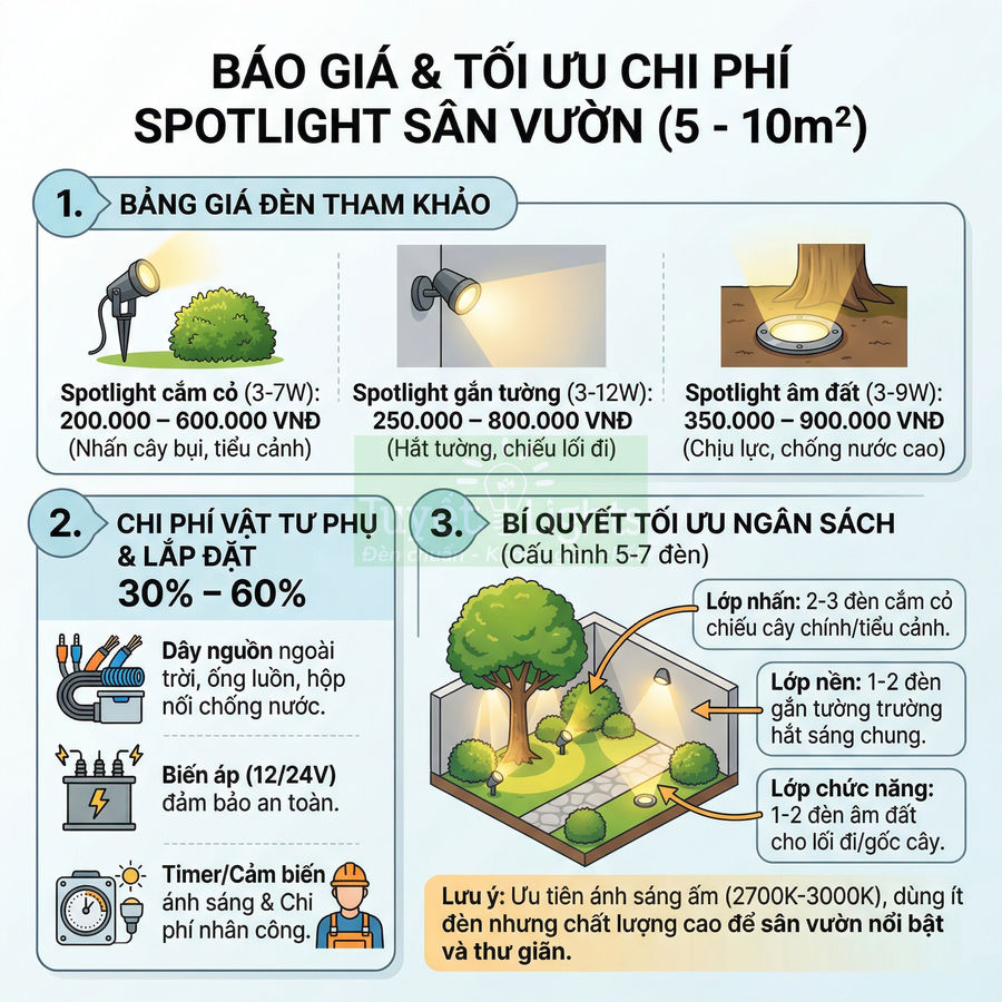 Bảng giá và hướng dẫn tối ưu chi phí lắp đặt đèn spotlight sân vườn diện tích 5 đến 10m2