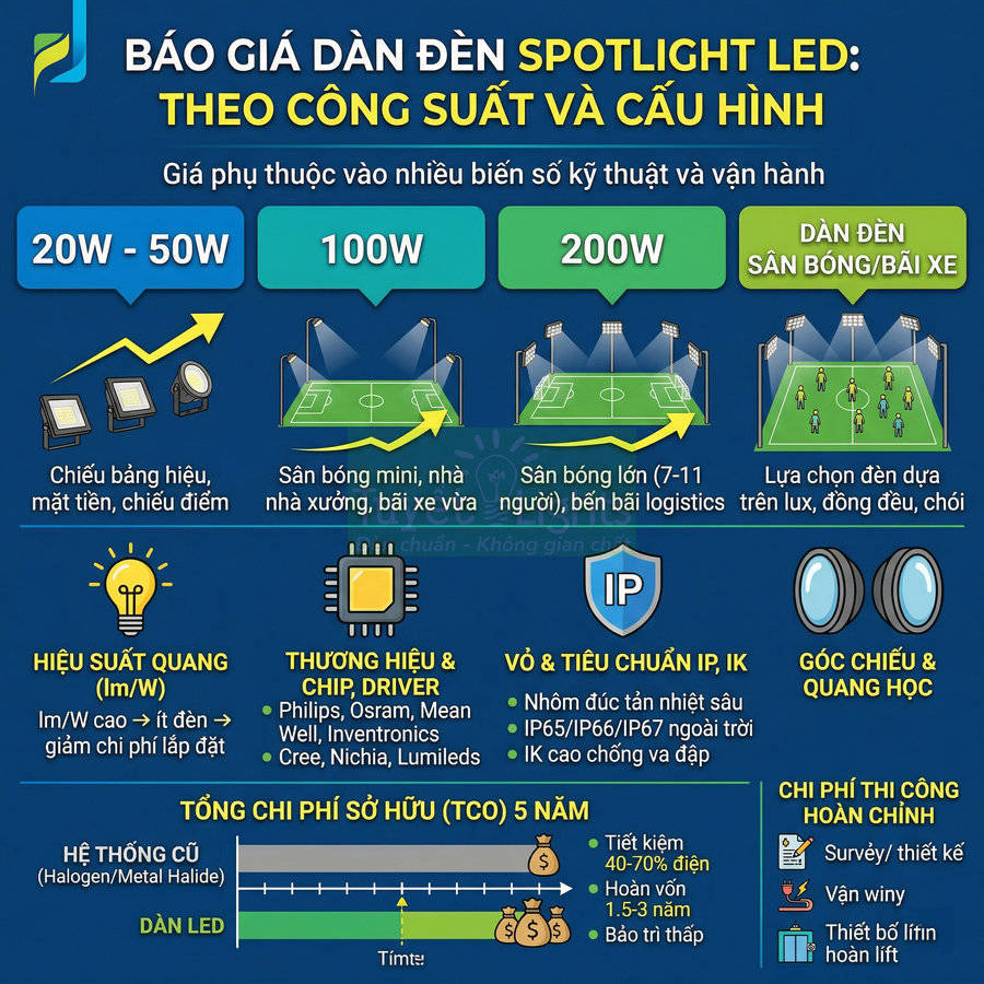 Báo giá dàn đèn spotlight LED sân bóng theo công suất, cấu hình và chi phí lắp đặt