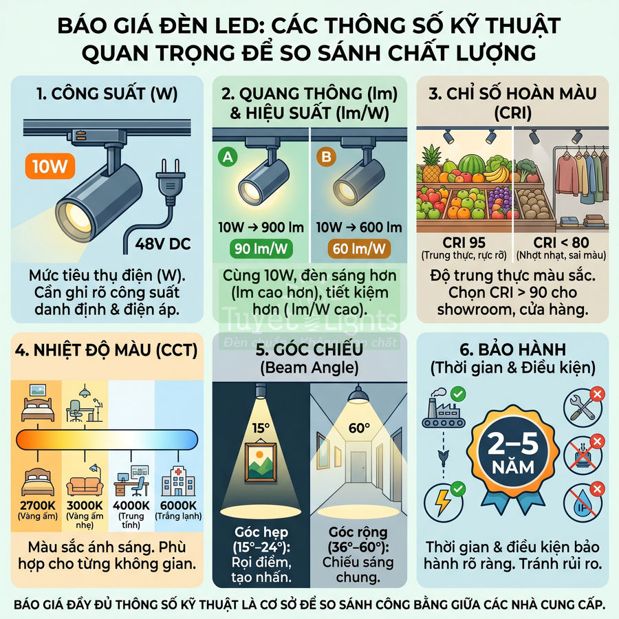 Infographic hướng dẫn chọn đèn LED theo công suất, quang thông, CRI, nhiệt độ màu, góc chiếu và thời gian bảo hành