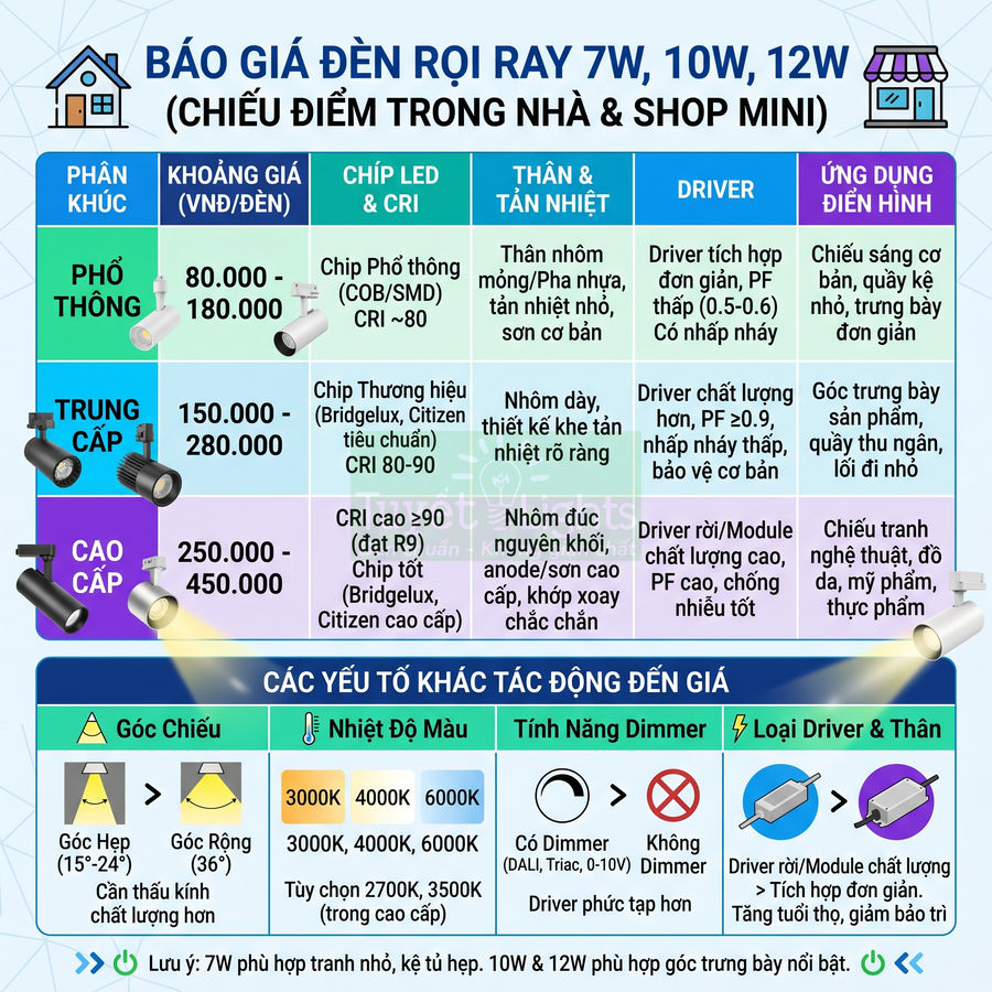 Bảng giá và so sánh đèn rọi ray 7W 10W 12W cho chiếu điểm trong nhà và shop mini