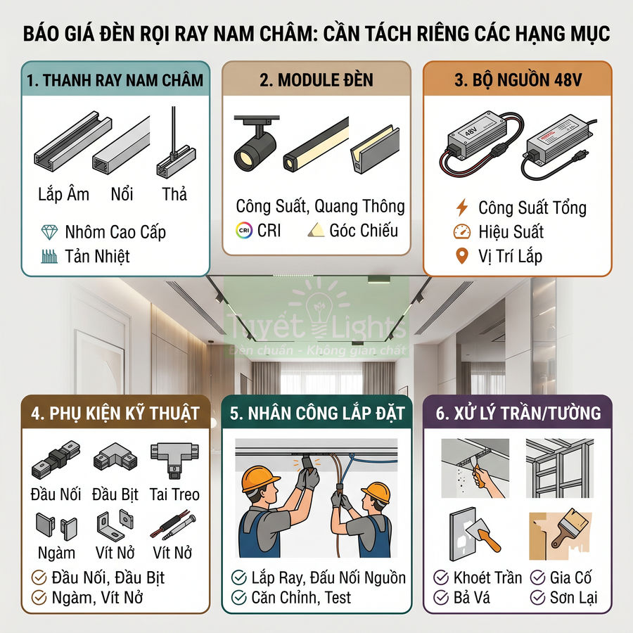 Báo giá và các hạng mục lắp đặt đèn rọi ray nam châm cho trần nhà hiện đại
