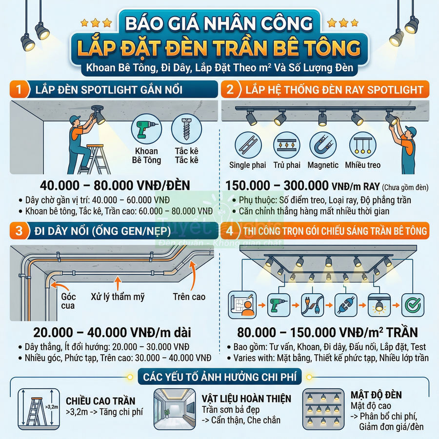 Bảng giá nhân công lắp đặt đèn trần bê tông, đèn spotlight và đi dây nổi cho hệ thống chiếu sáng