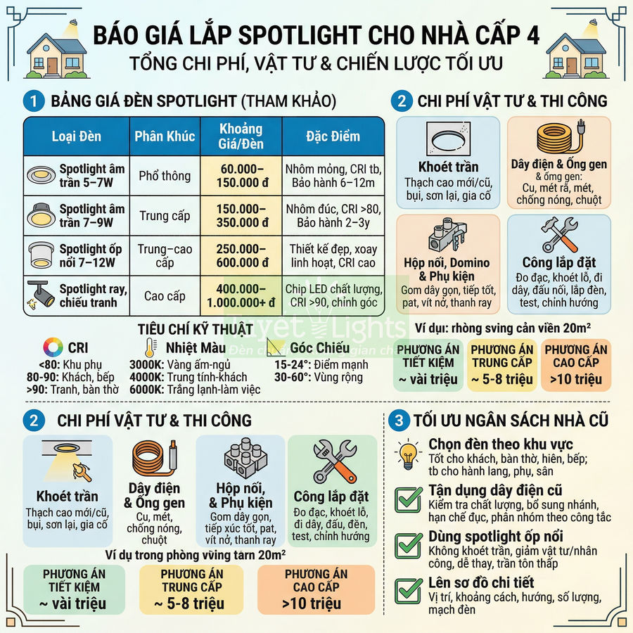 Bảng báo giá lắp đặt đèn spotlight cho nhà cấp 4 với chi phí vật tư thi công và gợi ý tối ưu ngân sách