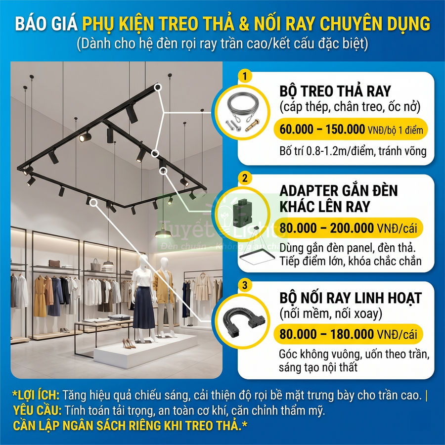 Bảng giá phụ kiện treo thả và nối ray đèn rọi trần cho cửa hàng thời trang, gồm bộ treo ray, adapter và bộ nối ray