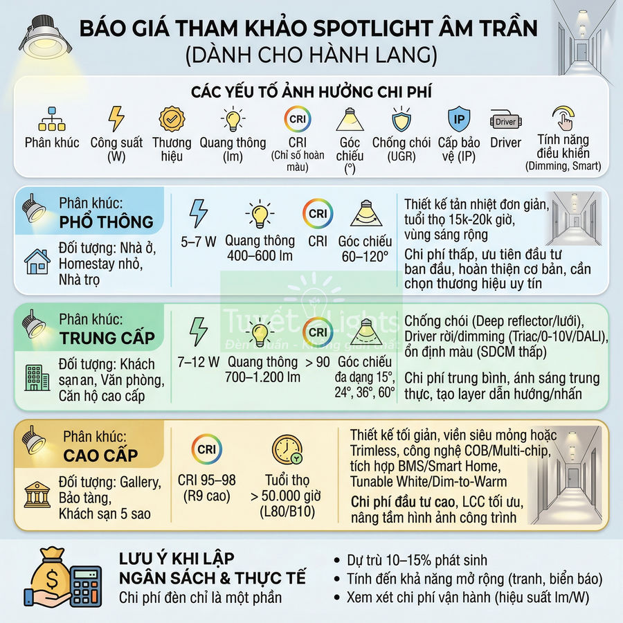 Bảng báo giá tham khảo spotlight âm trần cho hành lang với các phân khúc phổ thông, trung cấp và cao cấp