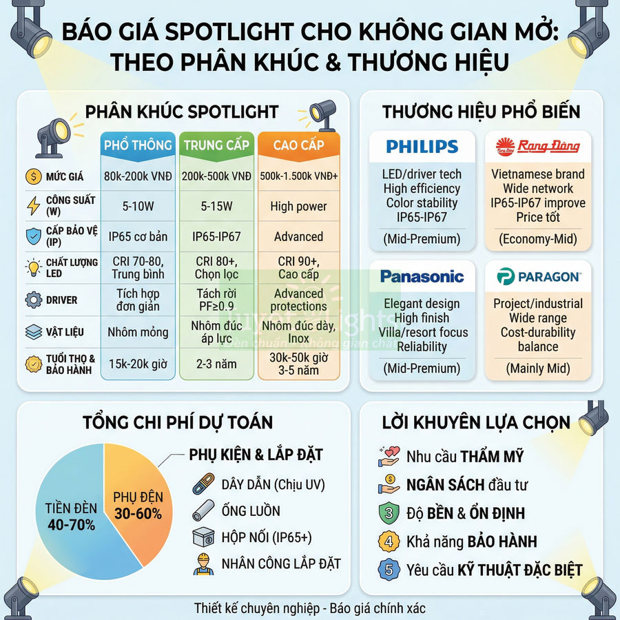 Bảng báo giá và so sánh spotlight chiếu sáng không gian mở theo phân khúc và thương hiệu Philips, Rạng Đông, Panasonic, Paragon