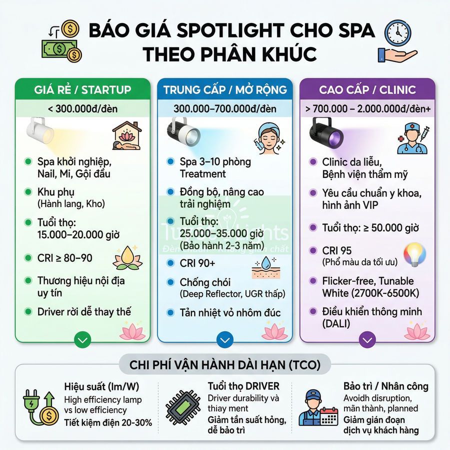 Bảng báo giá các gói đèn spotlight cho spa theo phân khúc giá rẻ trung cấp và cao cấp