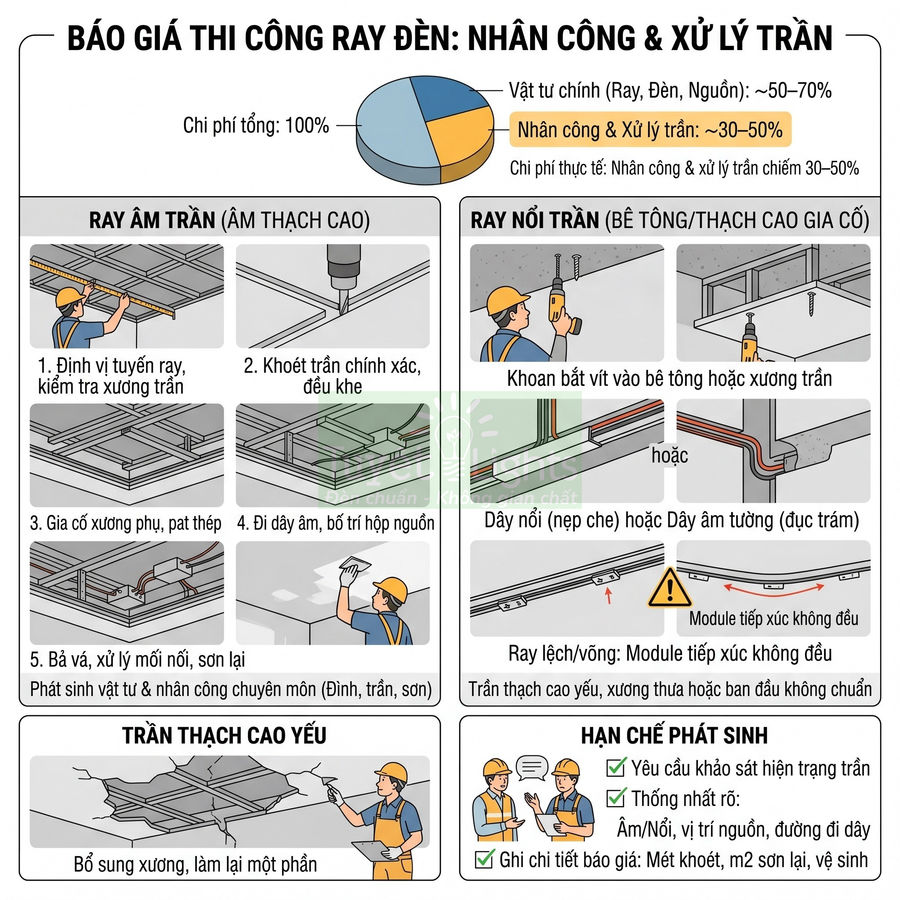 Hướng dẫn thi công ray đèn âm trần và nổi trần, quy trình xử lý trần thạch cao và hạn chế phát sinh chi phí