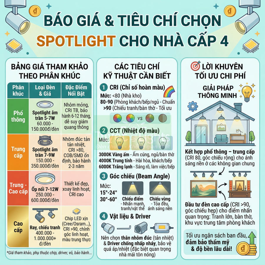 Infographic báo giá và tiêu chí chọn đèn spotlight âm trần cho nhà cấp 4, so sánh phân khúc và gợi ý tối ưu chi phí