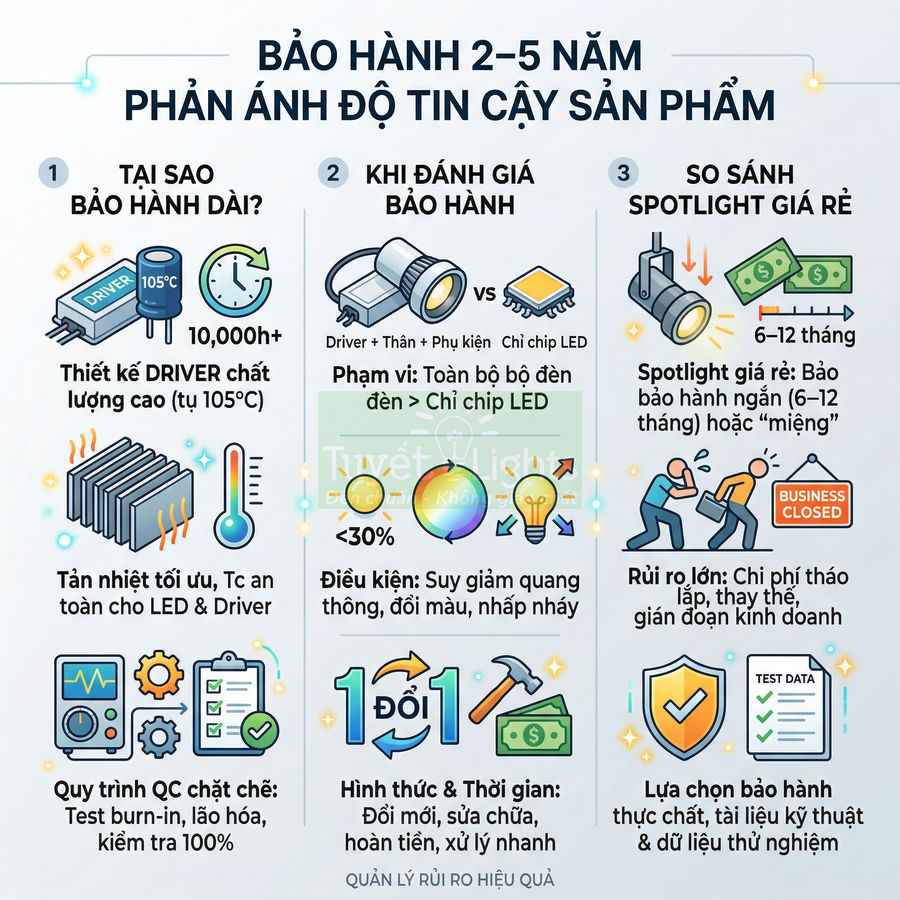 Infographic bảo hành 2–5 năm cho đèn LED spotlight, nêu lý do độ bền cao và so sánh với spotlight giá rẻ