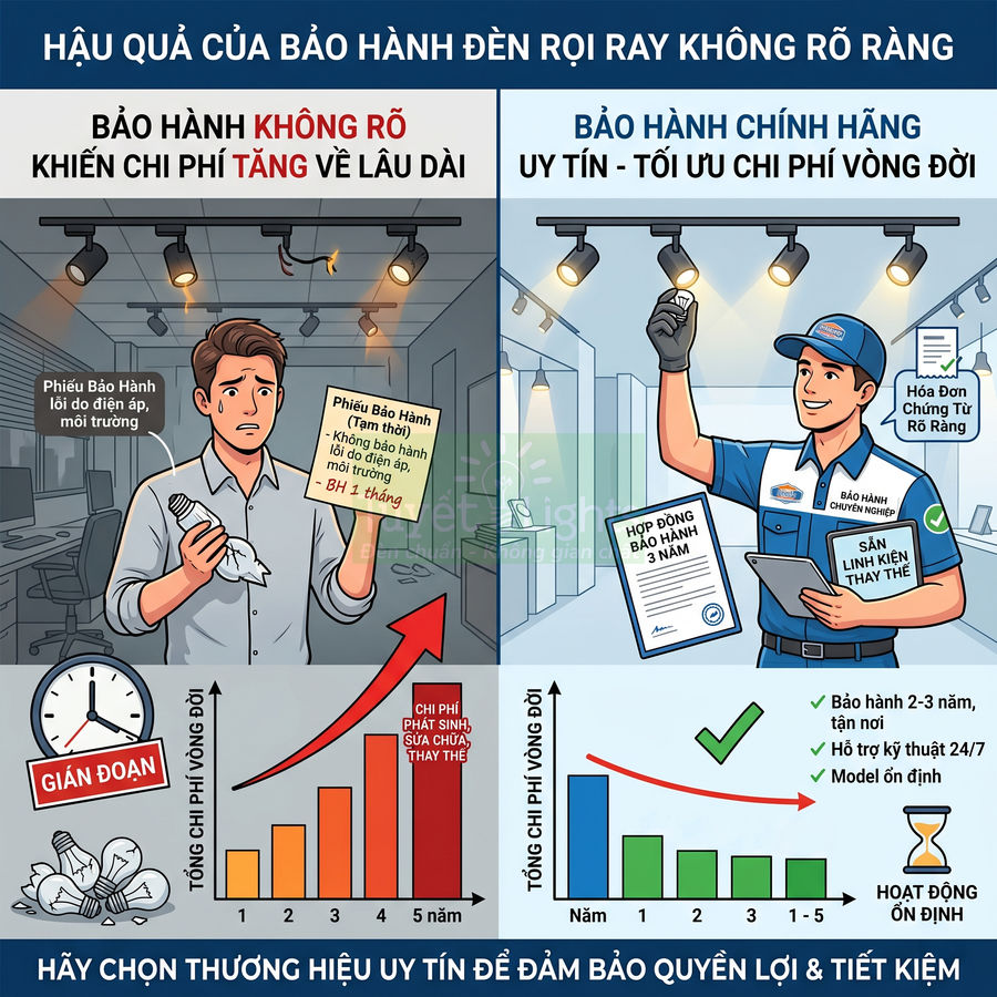 So sánh bảo hành đèn rọi ray không rõ ràng và bảo hành chính hãng giúp tối ưu chi phí vòng đời