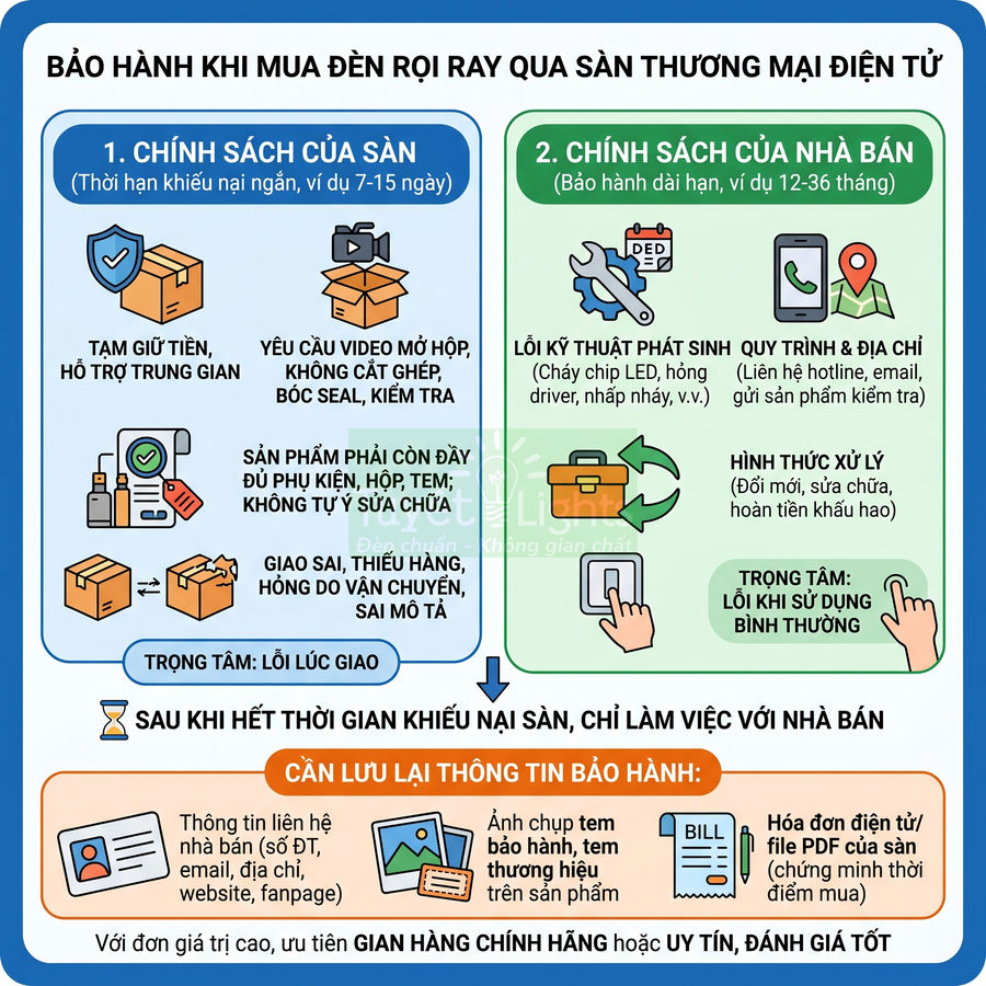 Hướng dẫn bảo hành khi mua đèn rọi ray trên sàn thương mại điện tử với chính sách sàn và nhà bán