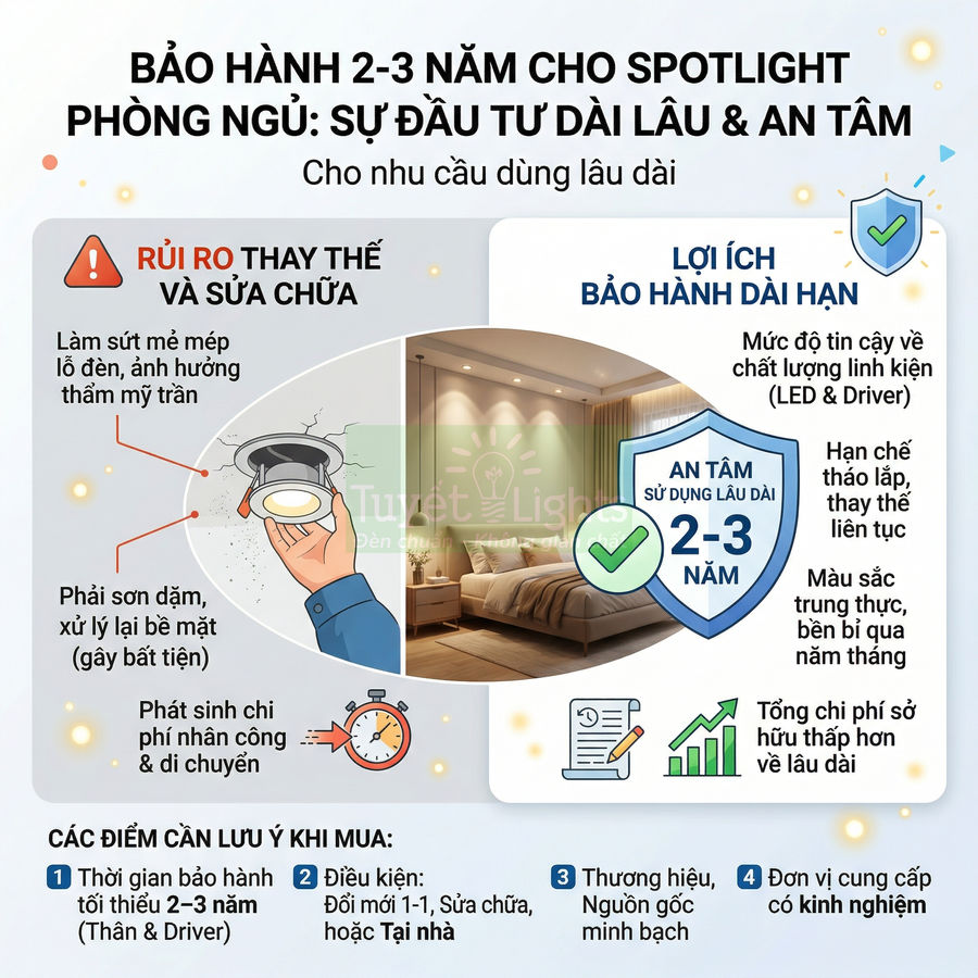 Infographic bảo hành 2-3 năm cho đèn spotlight phòng ngủ, nêu rủi ro sửa chữa và lợi ích dùng lâu dài