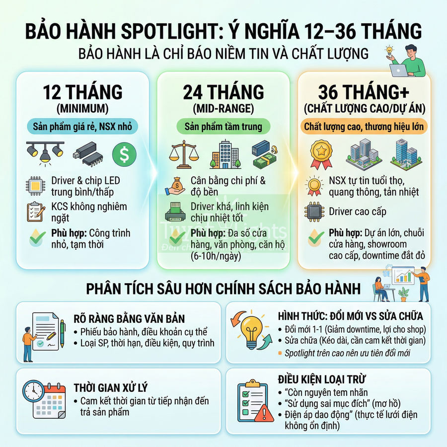 Infographic so sánh thời gian bảo hành 12 24 36 tháng và phân tích chính sách bảo hành sản phẩm chiếu sáng