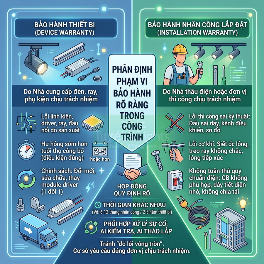 Infographic bảo hành thiết bị và nhân công lắp đặt đèn ray, driver, phụ kiện điện cho công trình xây dựng