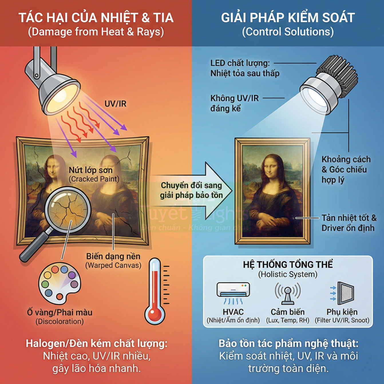 So sánh tác hại đèn halogen và giải pháp đèn LED trong bảo tồn tranh Mona Lisa khỏi nhiệt và tia UV IR