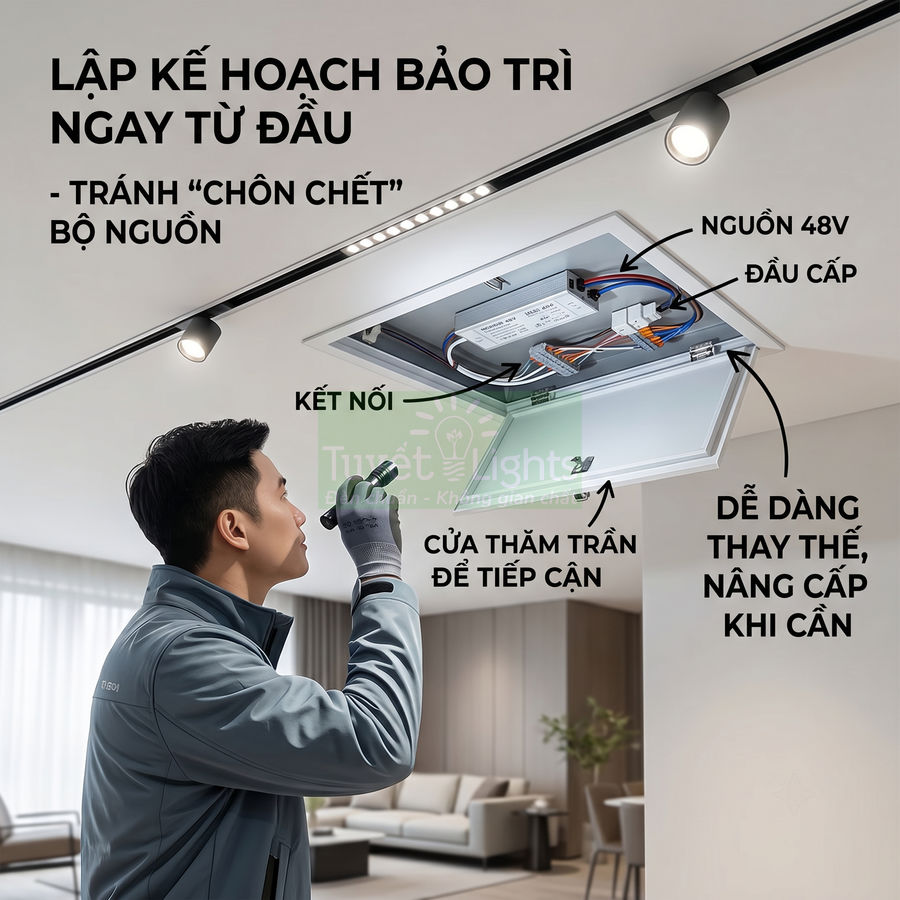 Kỹ thuật viên kiểm tra bộ nguồn đèn trần âm trần qua cửa thăm trần dễ bảo trì và nâng cấp